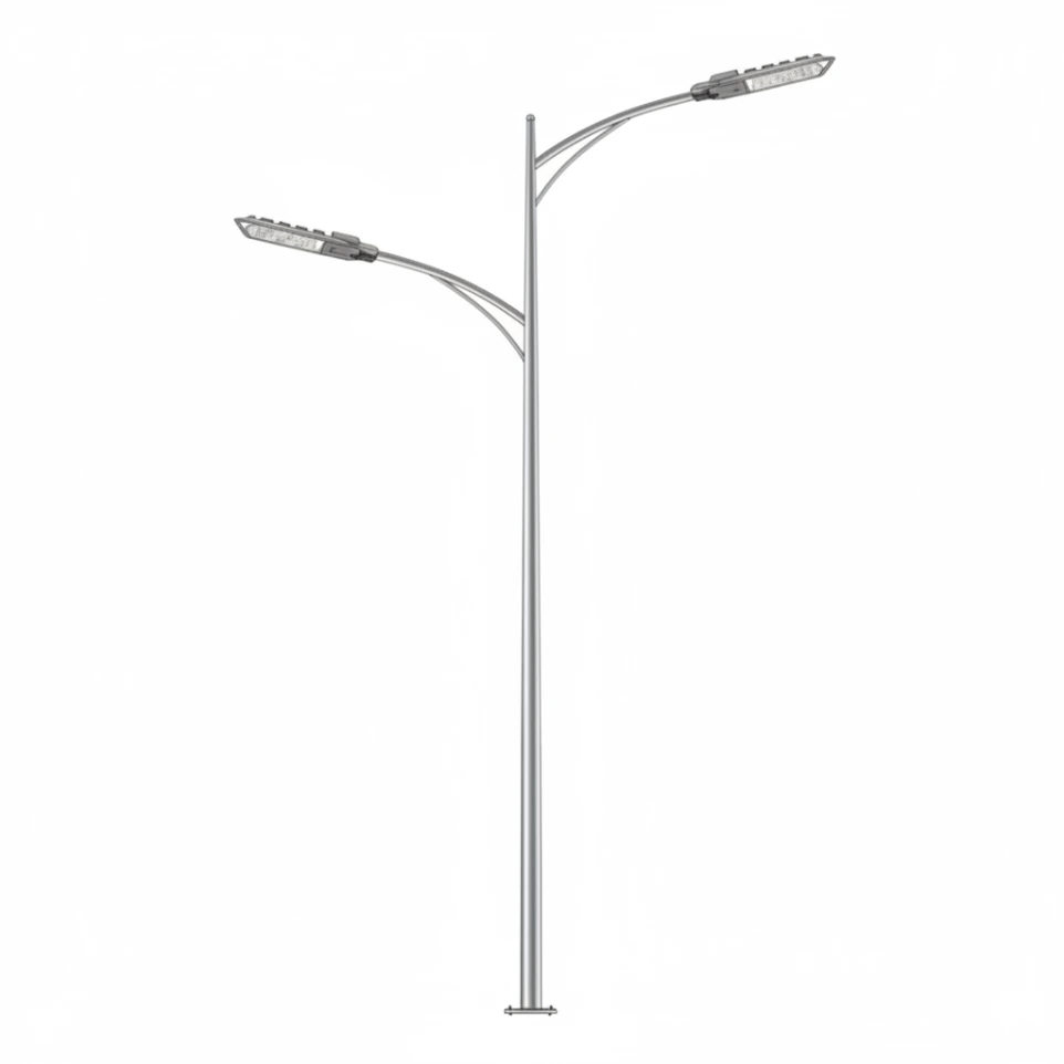 عمود إنارة شوارع ديكوري حديث ذو ذراع مزدوج، مصنع من الفايبر جلاس المقاوم للعوامل الجوية، مزود بكشافات LED موفرة للطاقة للإضاءة الخارجية والطرق في مصر.