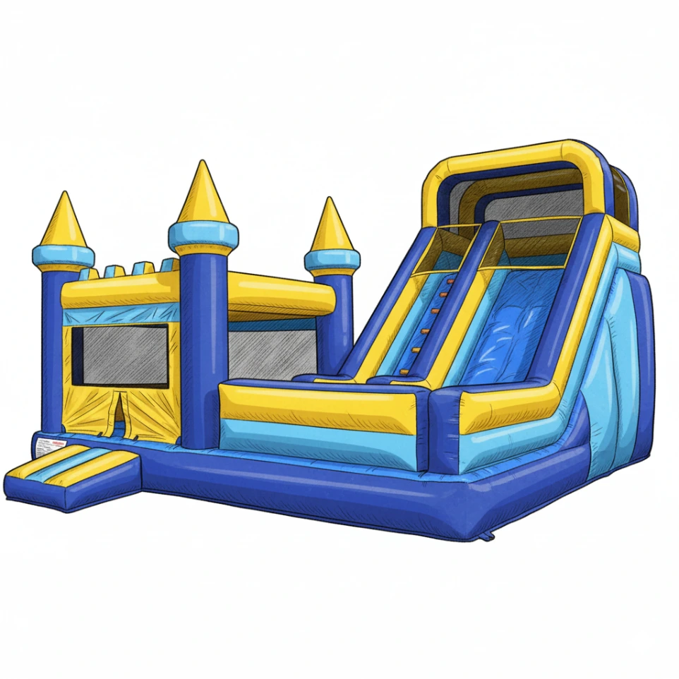 قلعة نطاطة هوائية باللونين الأزرق والأصفر مزودة بزحليقة وأبراج جانبية، مثالية لتجهيزات مناطق ألعاب أطفال وملاهي خارجية بجانب ألعاب الفيبر جلاس، توفر أجواء ترفيهية ممتعة وآمنة.