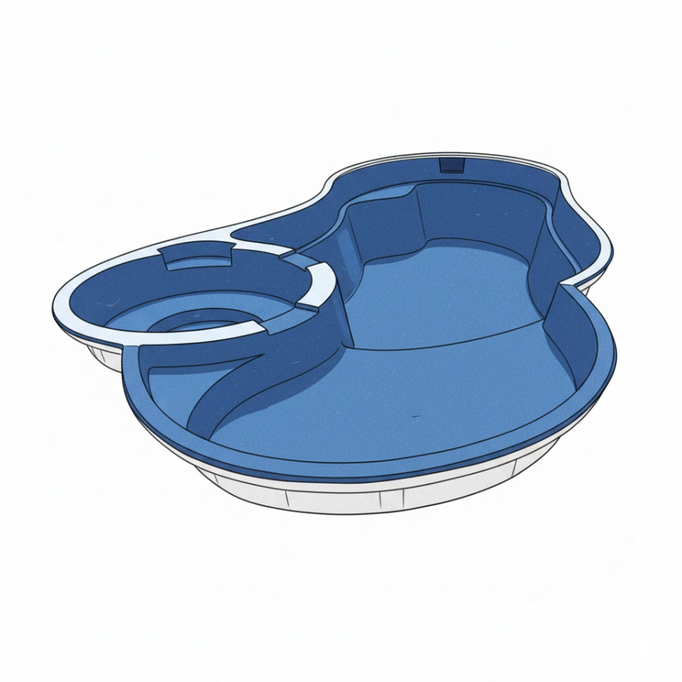 رسم توضيحي عصري لحمام سباحة فيبر جلاس بتصميم كيدني انسيابي مع وحدة جاكوزي دائرية متصلة، يتميز بحواف منحنية وتصميم مودرن مثالي للفلل والقصور.