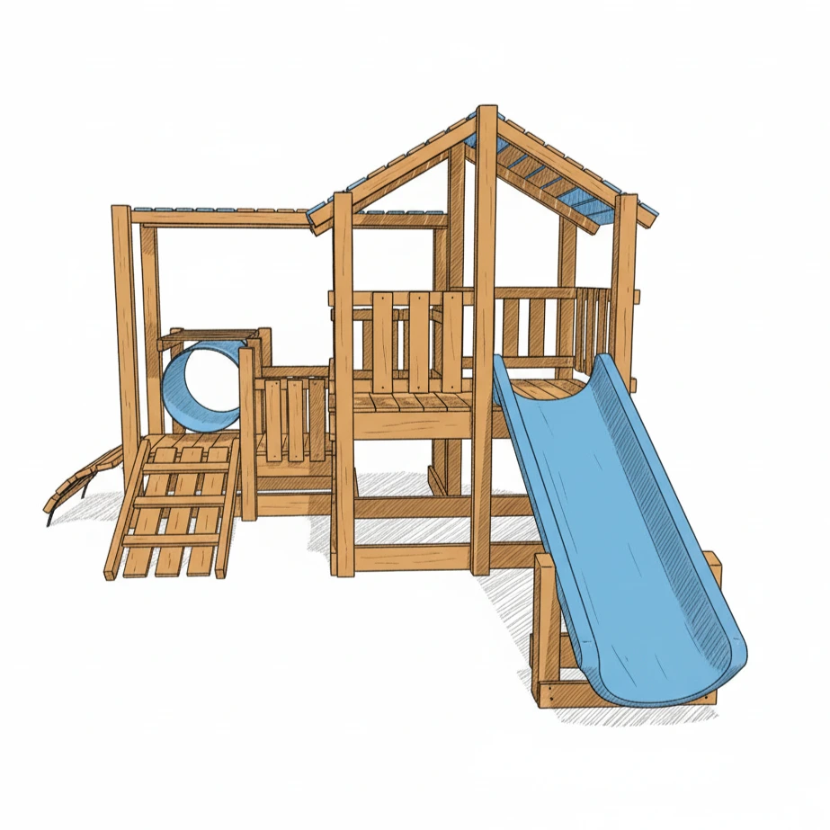 رسم توضيحي لمجموعة ألعاب خشبية للأطفال تضم زحليقة فيبر جلاس زرقاء وسلم ونفق، مصممة بتصميمات عصرية ومبهجة لتجهيز حضانات ومناطق ألعاب (Kids Area) في مصر.